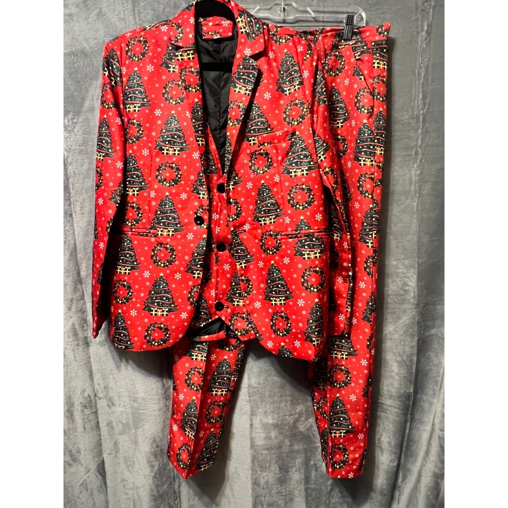 Men Christmas Suit Blazer Vest Pants 3pc Set Novelty Holiday Party Outfit Medium